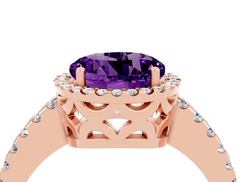 Rose gold Round Cut Amethyst Halo Engagement Ring with Pavé Band and Prong Setting_16