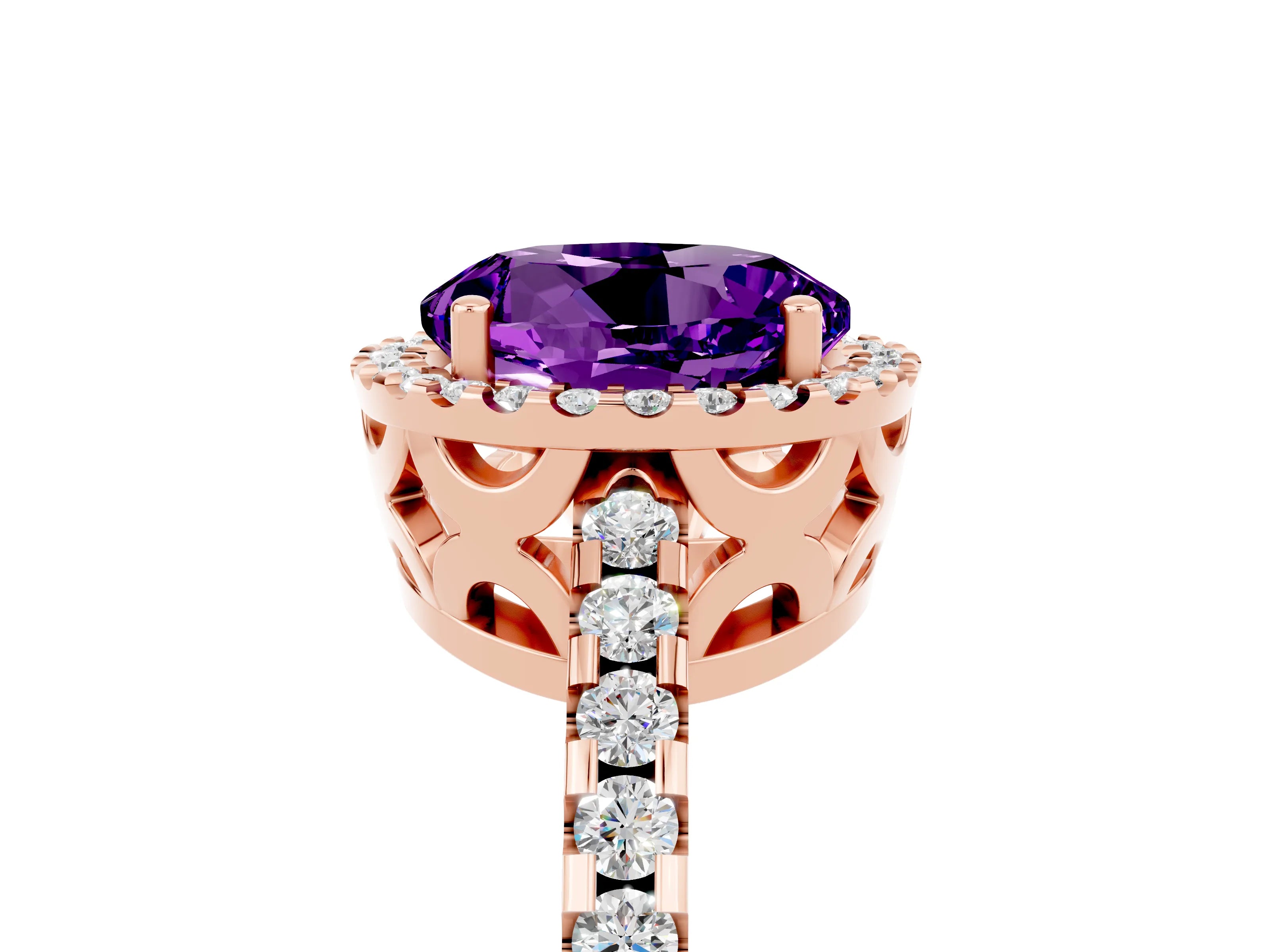Rose gold Round Cut Amethyst Halo Engagement Ring with Pavé Band and Prong Setting_17