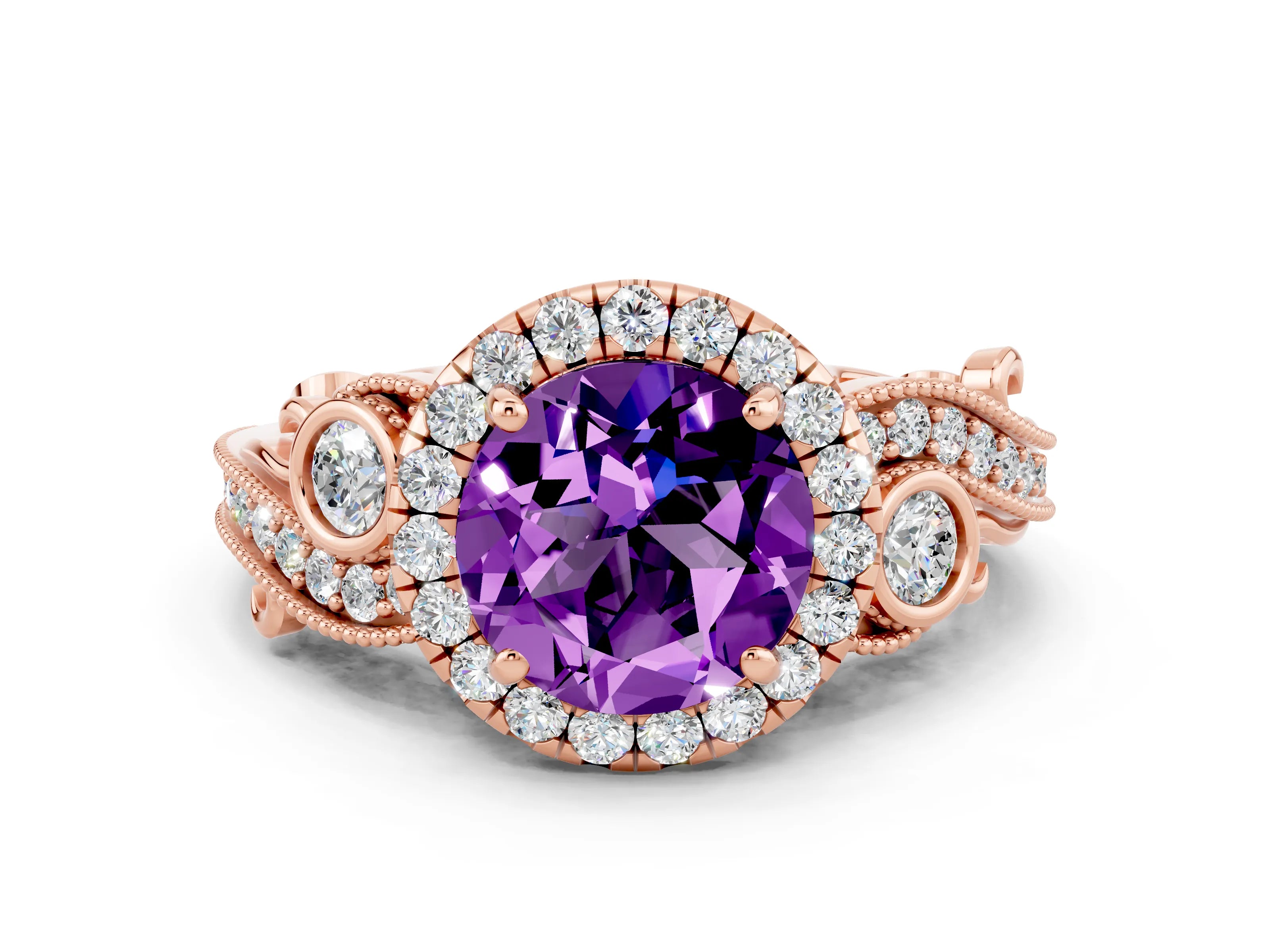 Rose gold Round Cut Amethyst Halo Ring with Milgrain Pavé Band and Four-Prong Setting_12