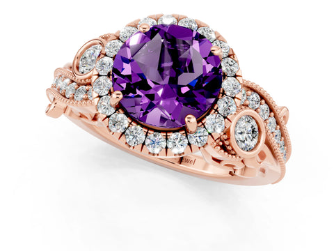 Rose gold Round Cut Amethyst Halo Ring with Milgrain Pavé Band and Four-Prong Setting_13