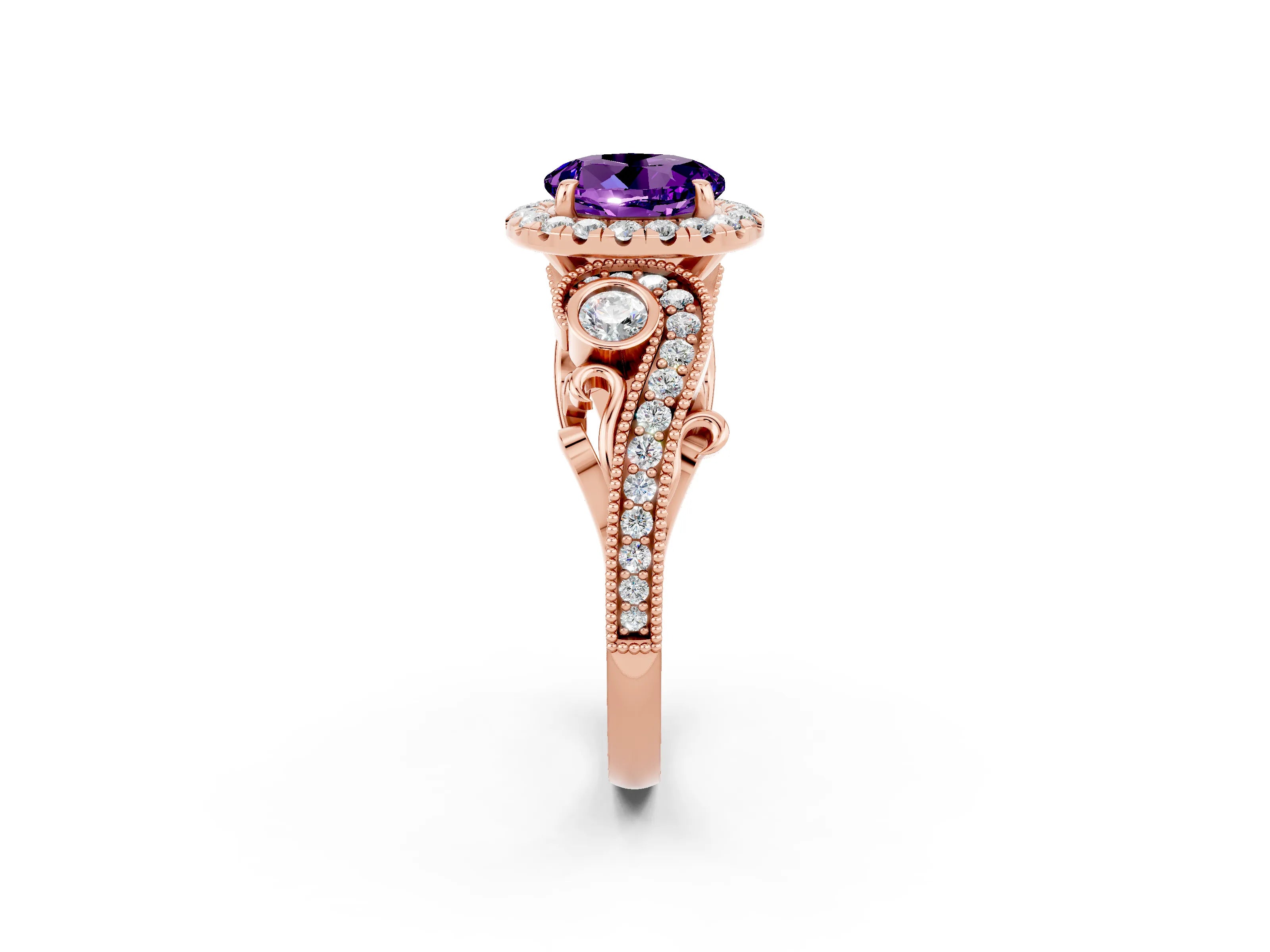 Rose gold Round Cut Amethyst Halo Ring with Milgrain Pavé Band and Four-Prong Setting_14