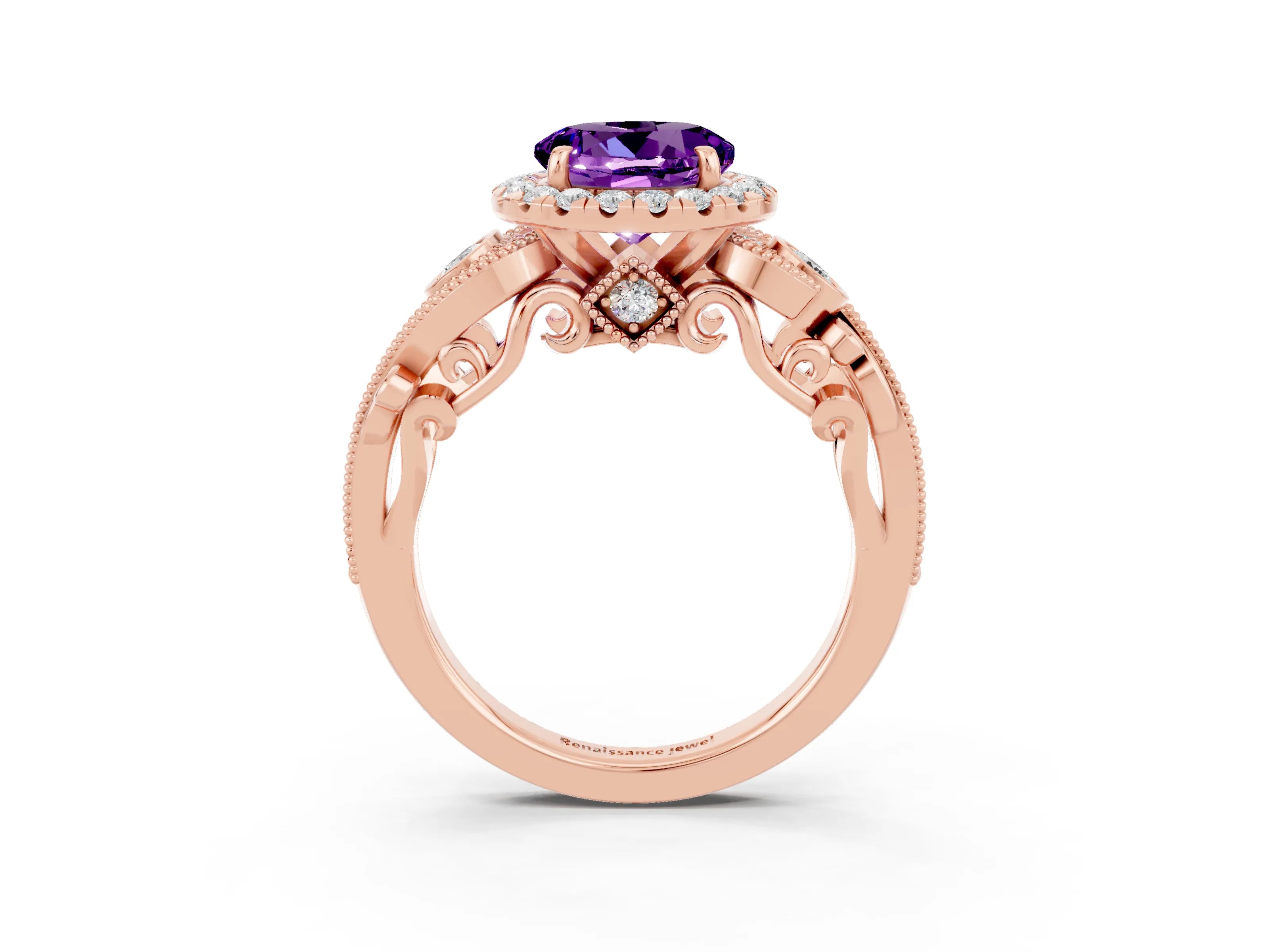 Rose gold Round Cut Amethyst Halo Ring with Milgrain Pavé Band and Four-Prong Setting_15