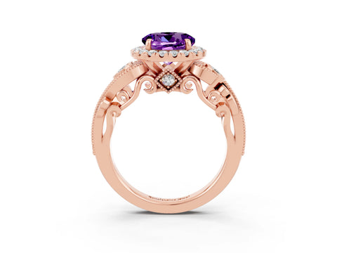 Rose gold Round Cut Amethyst Halo Ring with Milgrain Pavé Band and Four-Prong Setting_15