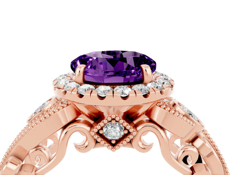 Rose gold Round Cut Amethyst Halo Ring with Milgrain Pavé Band and Four-Prong Setting_16