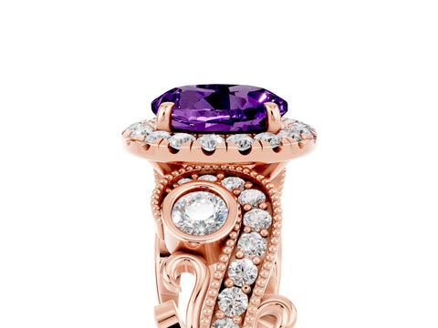 Rose gold Round Cut Amethyst Halo Ring with Milgrain Pavé Band and Four-Prong Setting_17