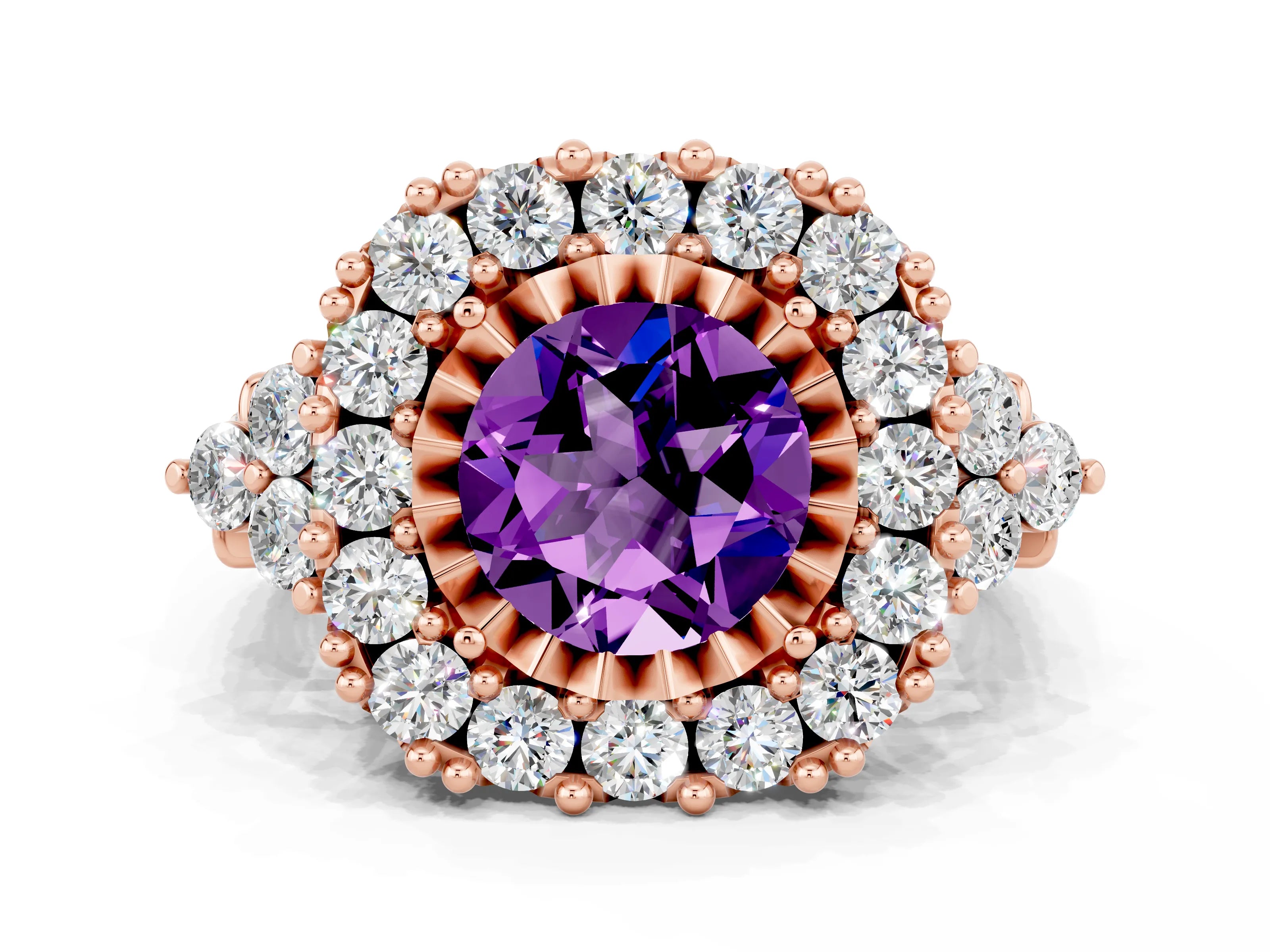 Rose gold Round Cut Amethyst Halo Ring with Pavé Band and Four-Prong Setting_12