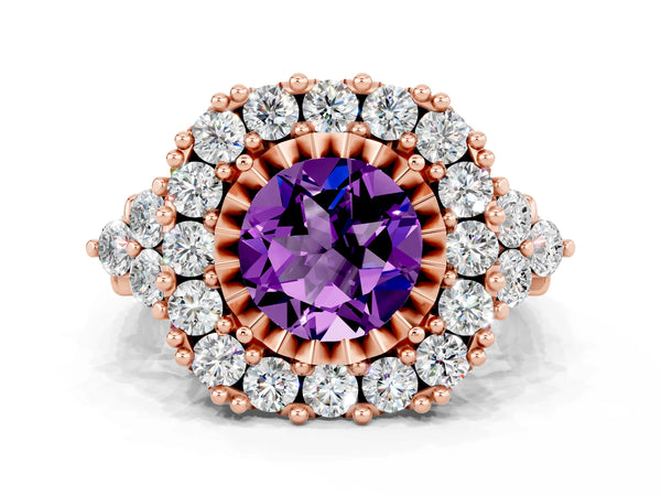 Rose gold Round Cut Amethyst Halo Ring with Pavé Band and Four-Prong Setting
