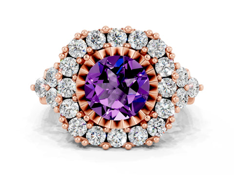 Rose gold Round Cut Amethyst Halo Ring with Pavé Band and Four-Prong Setting_12