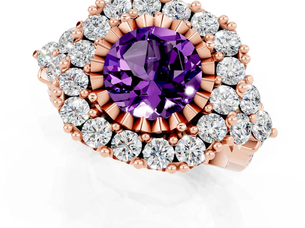 Rose gold Round Cut Amethyst Halo Ring with Pavé Band and Four-Prong Setting