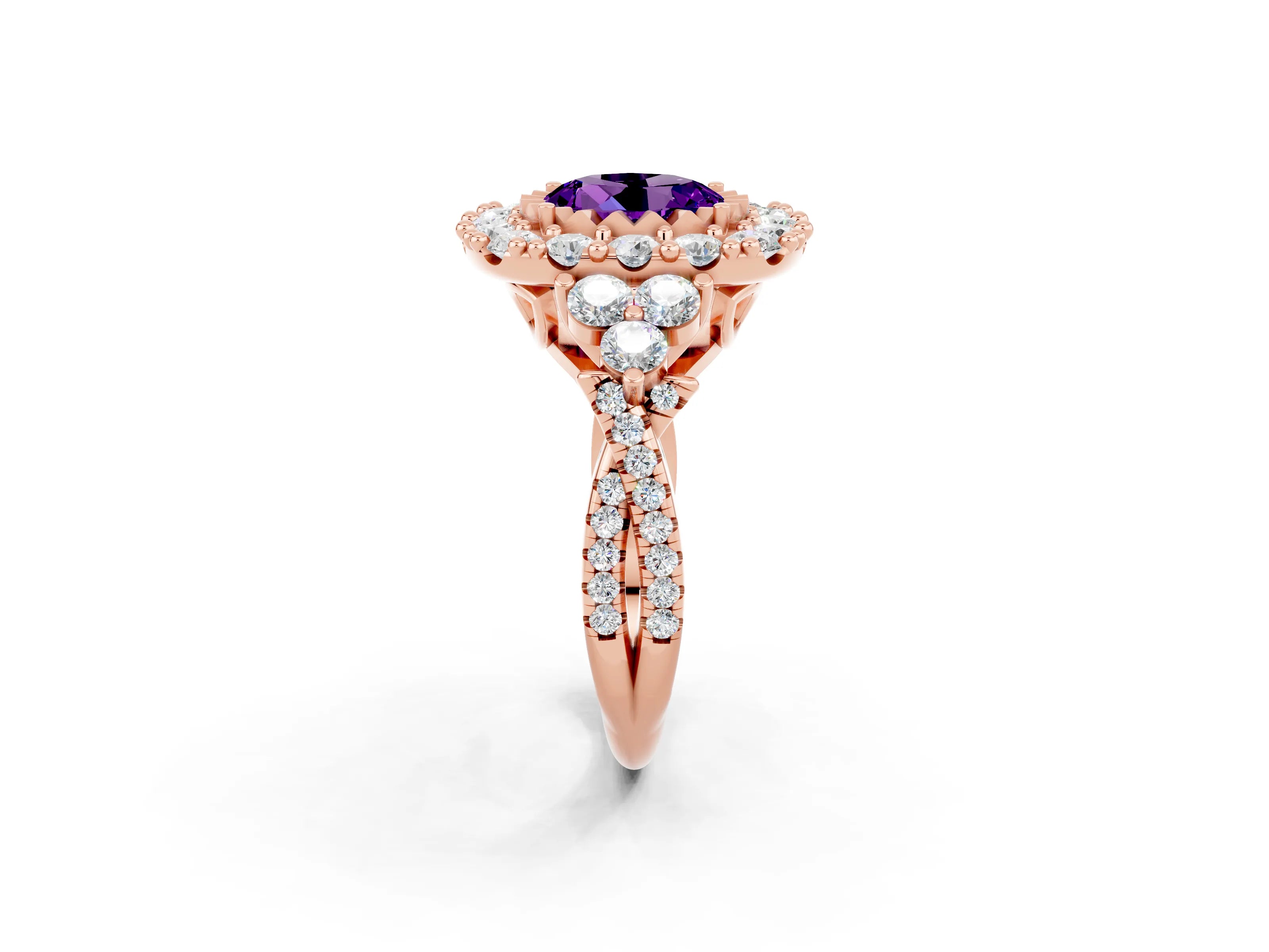 Rose gold Round Cut Amethyst Halo Ring with Pavé Band and Four-Prong Setting_14