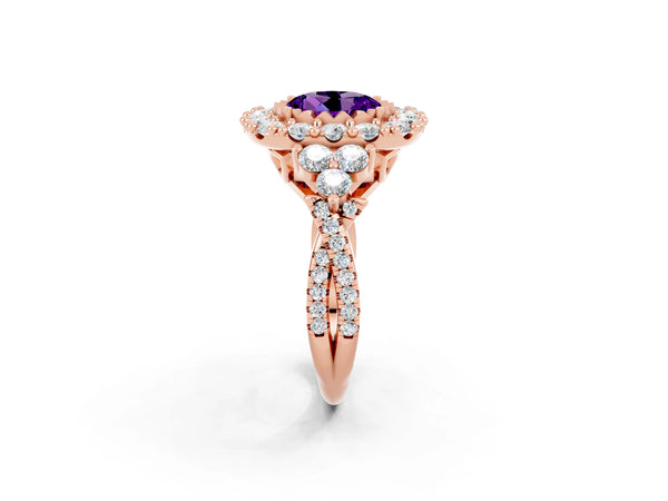 Rose gold Round Cut Amethyst Halo Ring with Pavé Band and Four-Prong Setting