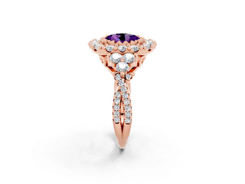 Rose gold Round Cut Amethyst Halo Ring with Pavé Band and Four-Prong Setting_14