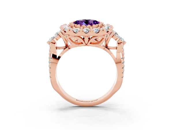 Rose gold Round Cut Amethyst Halo Ring with Pavé Band and Four-Prong Setting
