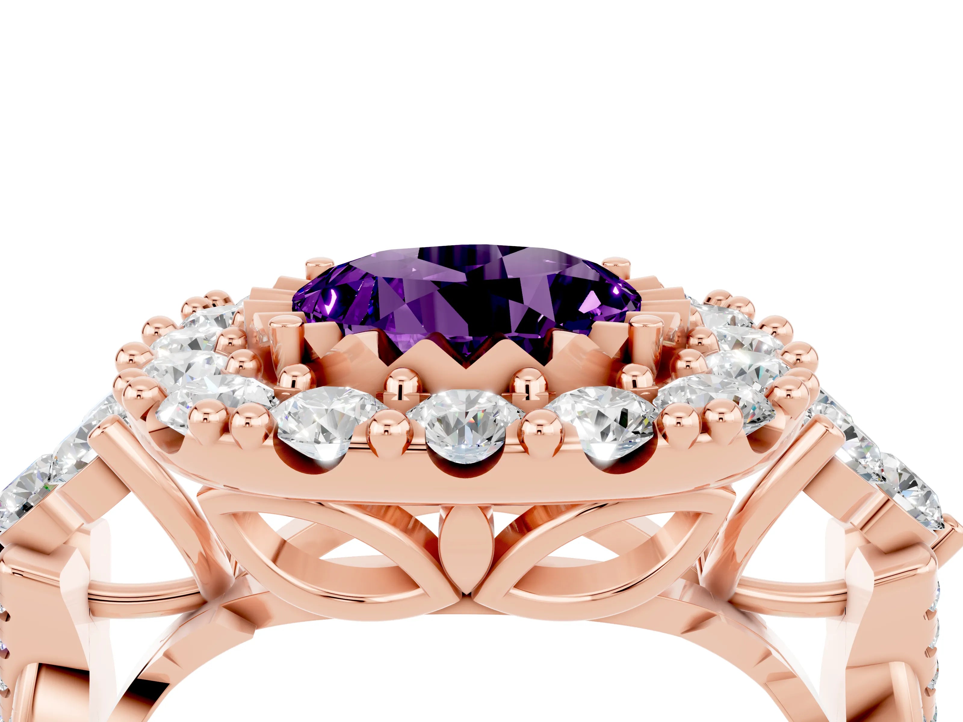 Rose gold Round Cut Amethyst Halo Ring with Pavé Band and Four-Prong Setting_16