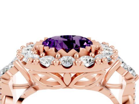 Rose gold Round Cut Amethyst Halo Ring with Pavé Band and Four-Prong Setting_16