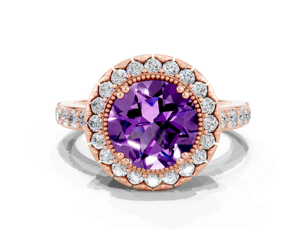 Rose gold Round Cut Amethyst Halo Ring with Pavé Band and Prong Setting