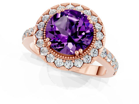 Rose gold Round Cut Amethyst Halo Ring with Pavé Band and Prong Setting_1