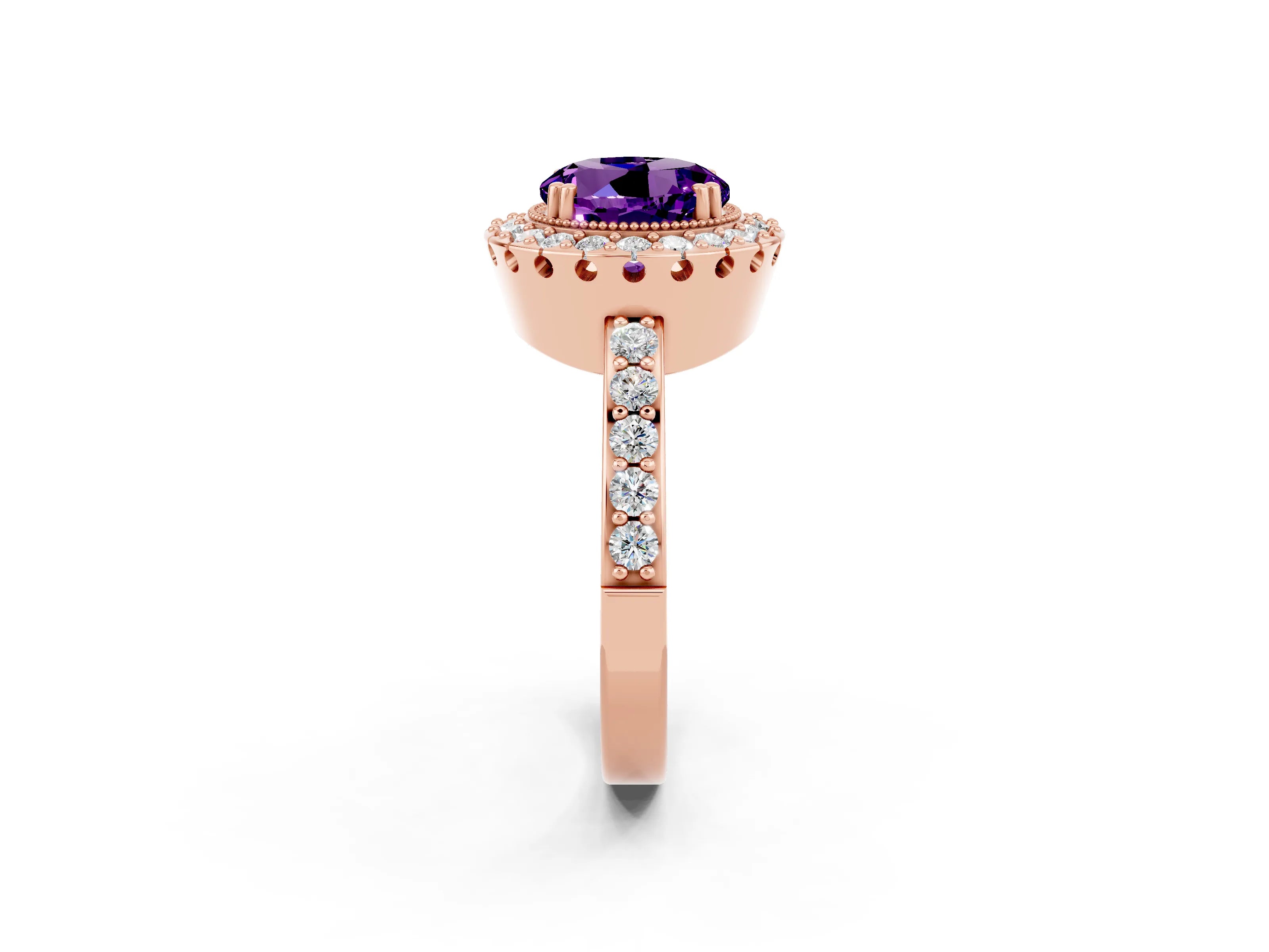 Rose gold Round Cut Amethyst Halo Ring with Pavé Band and Prong Setting_2