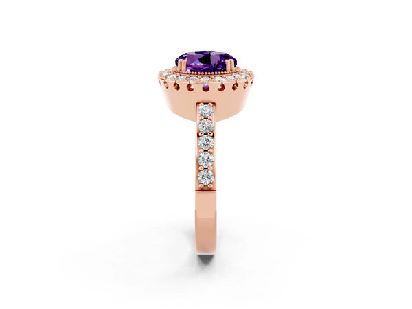 Rose gold Round Cut Amethyst Halo Ring with Pavé Band and Prong Setting
