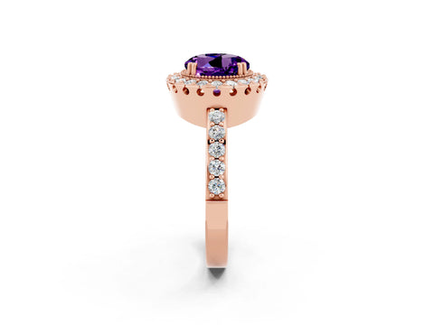 Rose gold Round Cut Amethyst Halo Ring with Pavé Band and Prong Setting_2