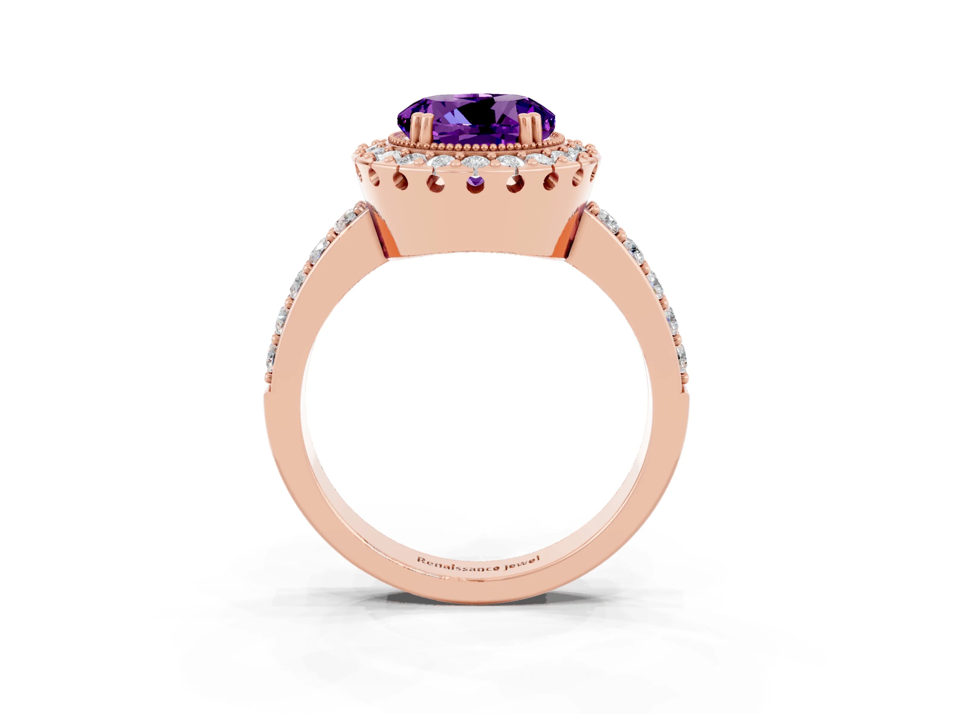 Rose gold Round Cut Amethyst Halo Ring with Pavé Band and Prong Setting_3