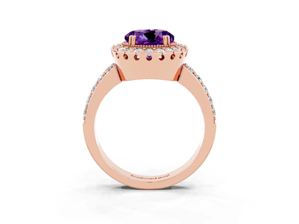 Rose gold Round Cut Amethyst Halo Ring with Pavé Band and Prong Setting