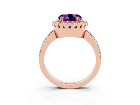 Rose gold Round Cut Amethyst Halo Ring with Pavé Band and Prong Setting_3