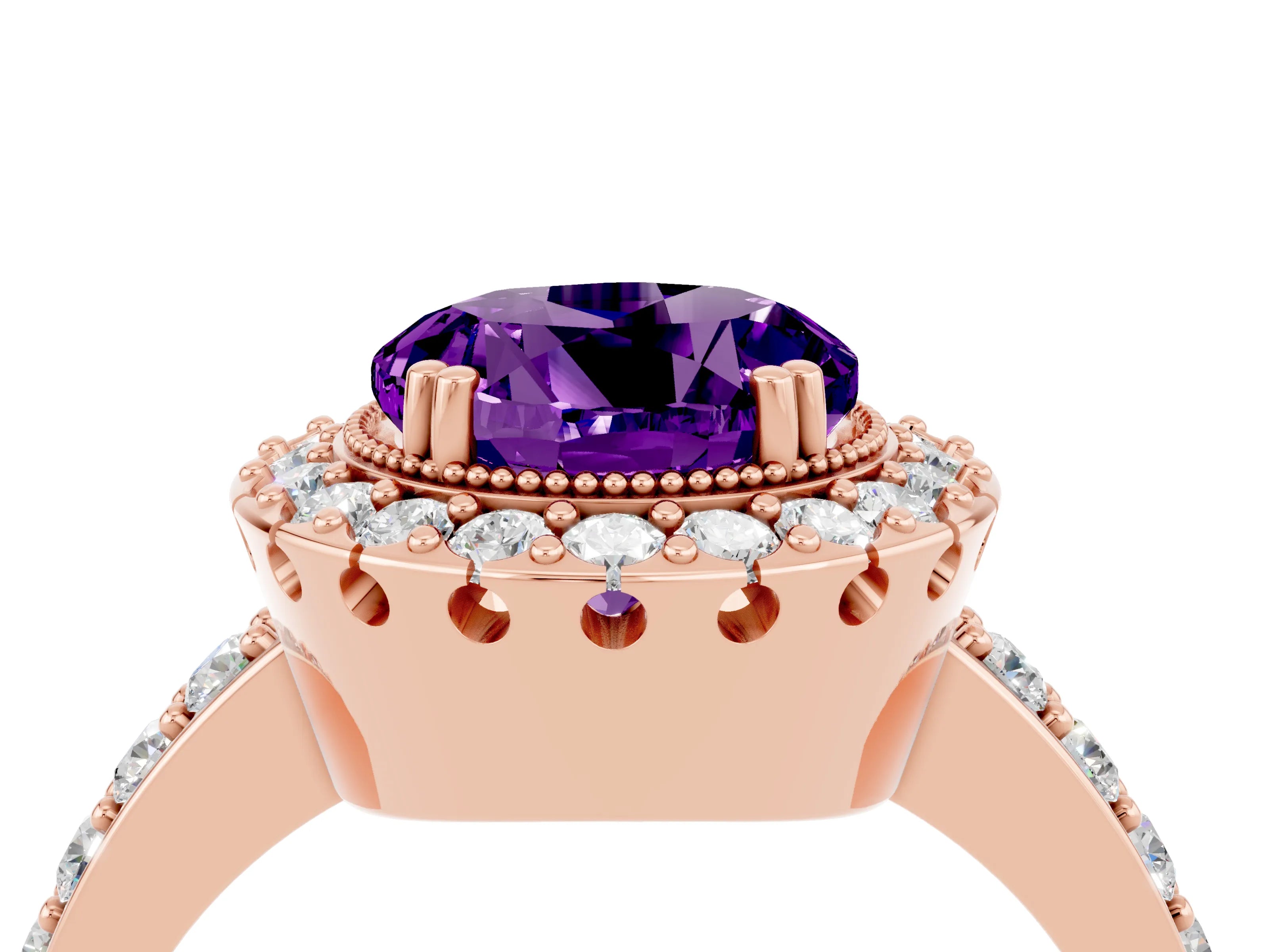 Rose gold Round Cut Amethyst Halo Ring with Pavé Band and Prong Setting_4