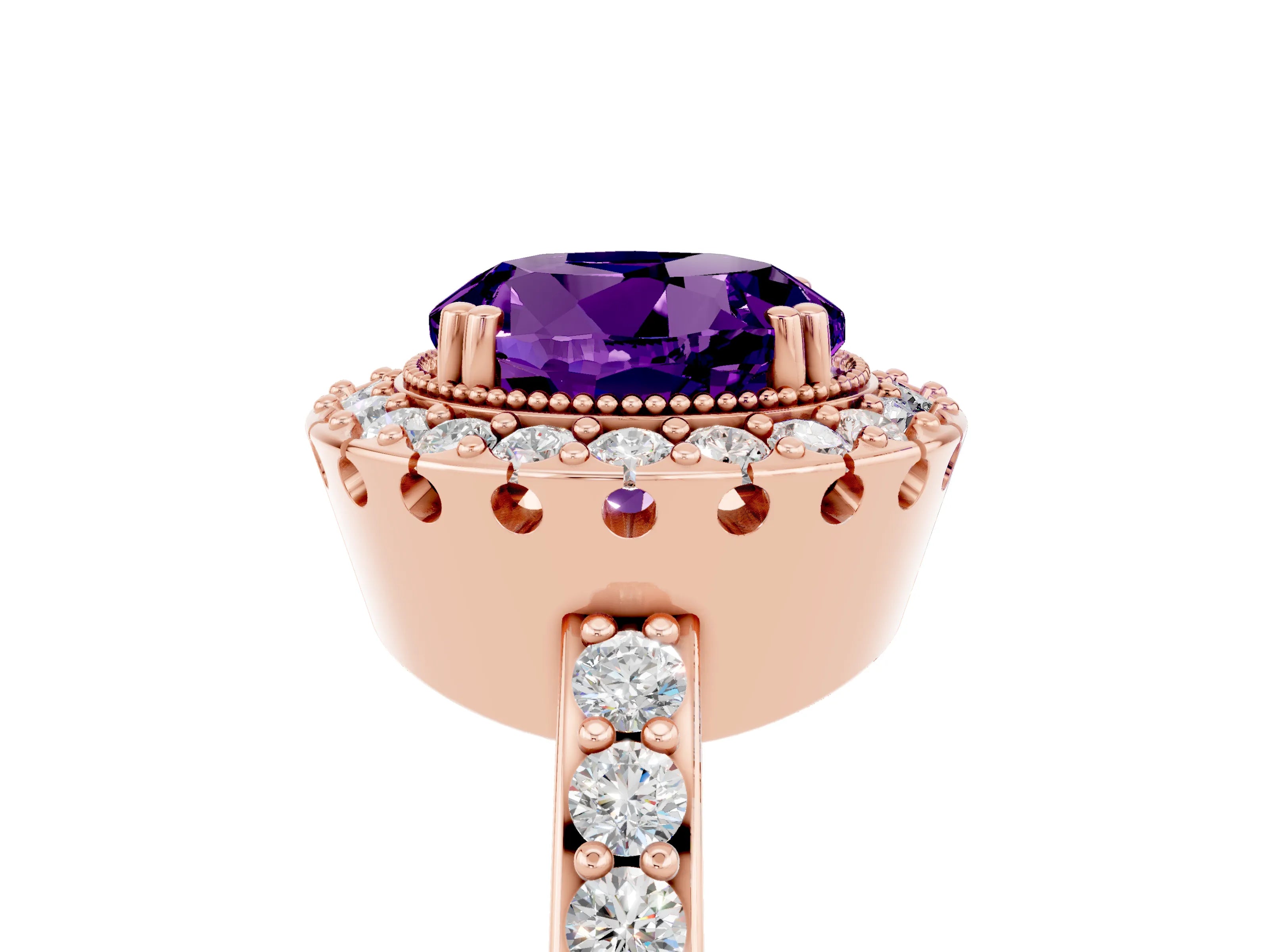 Rose gold Round Cut Amethyst Halo Ring with Pavé Band and Prong Setting_5