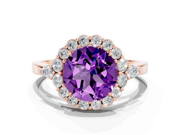 Rose gold Round Cut Amethyst Halo Ring with Pear Side Stones and Prong Setting