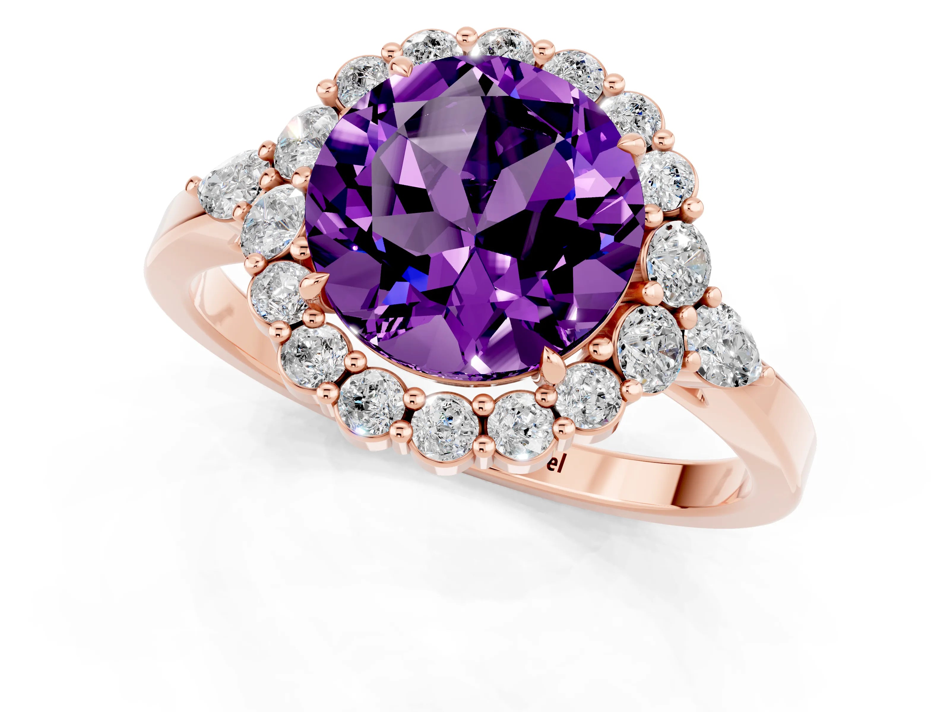 Rose gold Round Cut Amethyst Halo Ring with Pear Side Stones and Prong Setting_13