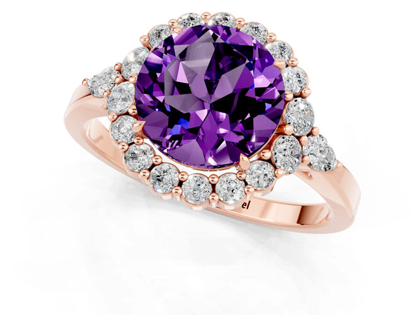 Rose gold Round Cut Amethyst Halo Ring with Pear Side Stones and Prong Setting