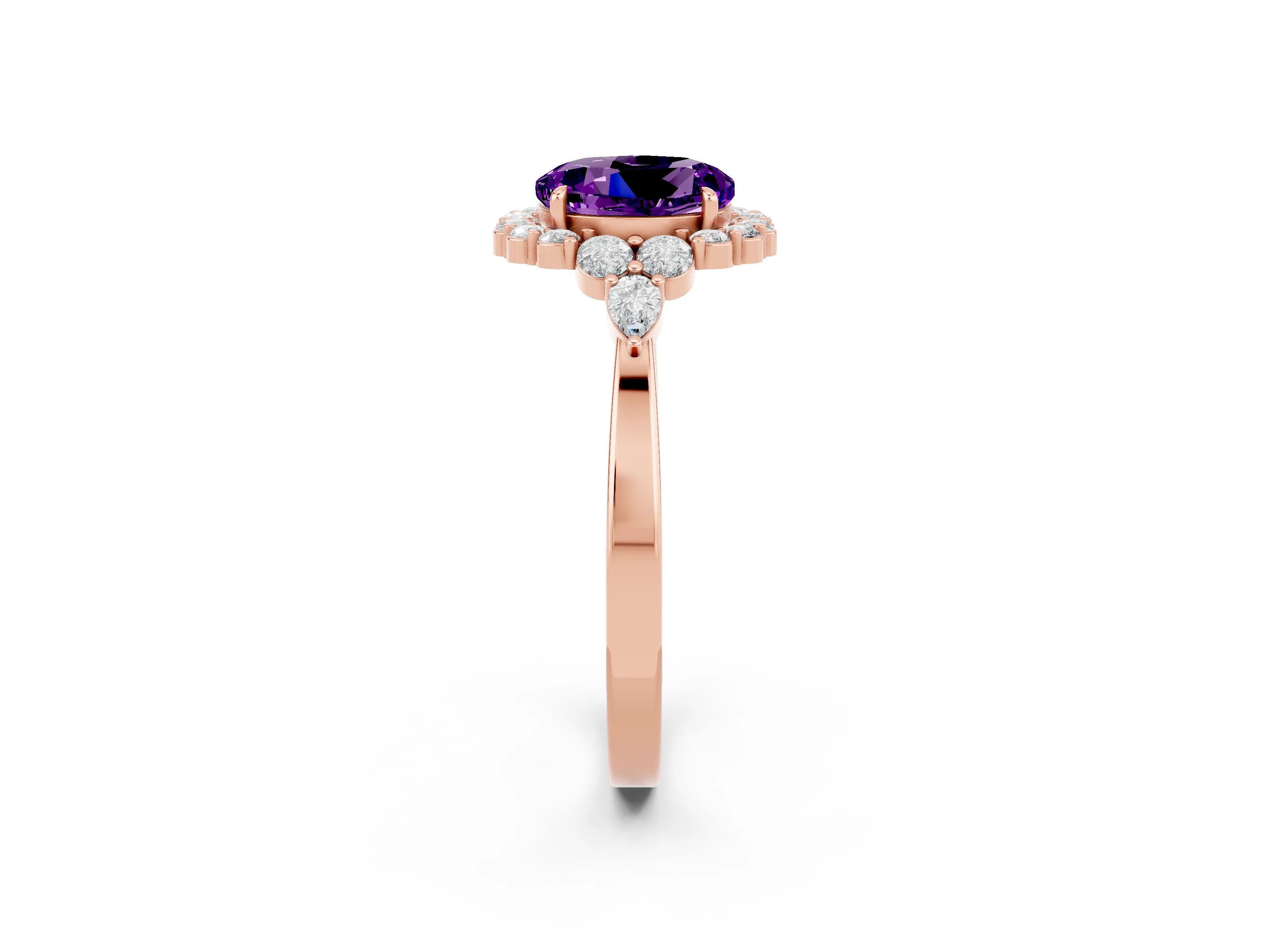 Rose gold Round Cut Amethyst Halo Ring with Pear Side Stones and Prong Setting_14