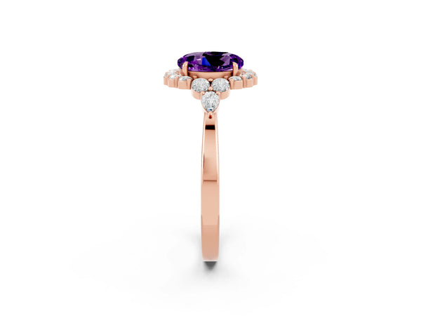 Rose gold Round Cut Amethyst Halo Ring with Pear Side Stones and Prong Setting