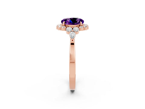 Rose gold Round Cut Amethyst Halo Ring with Pear Side Stones and Prong Setting_14