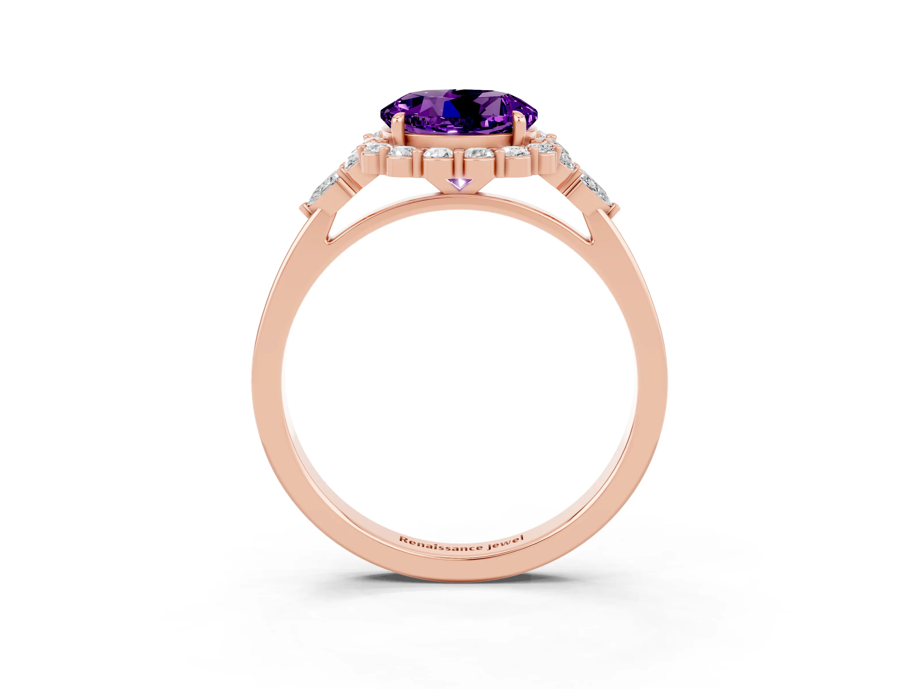 Rose gold Round Cut Amethyst Halo Ring with Pear Side Stones and Prong Setting_15