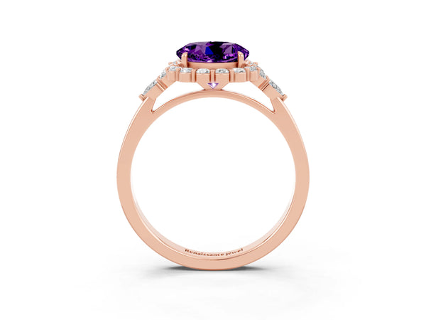 Rose gold Round Cut Amethyst Halo Ring with Pear Side Stones and Prong Setting