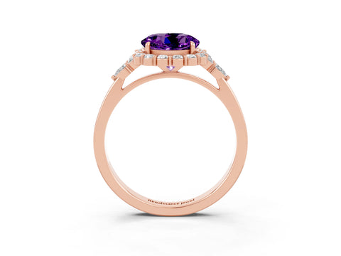 Rose gold Round Cut Amethyst Halo Ring with Pear Side Stones and Prong Setting_15