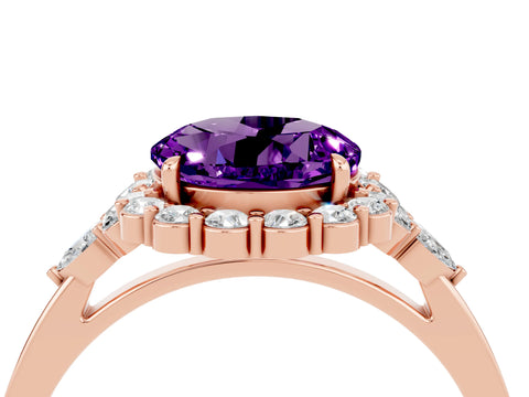 Rose gold Round Cut Amethyst Halo Ring with Pear Side Stones and Prong Setting_16
