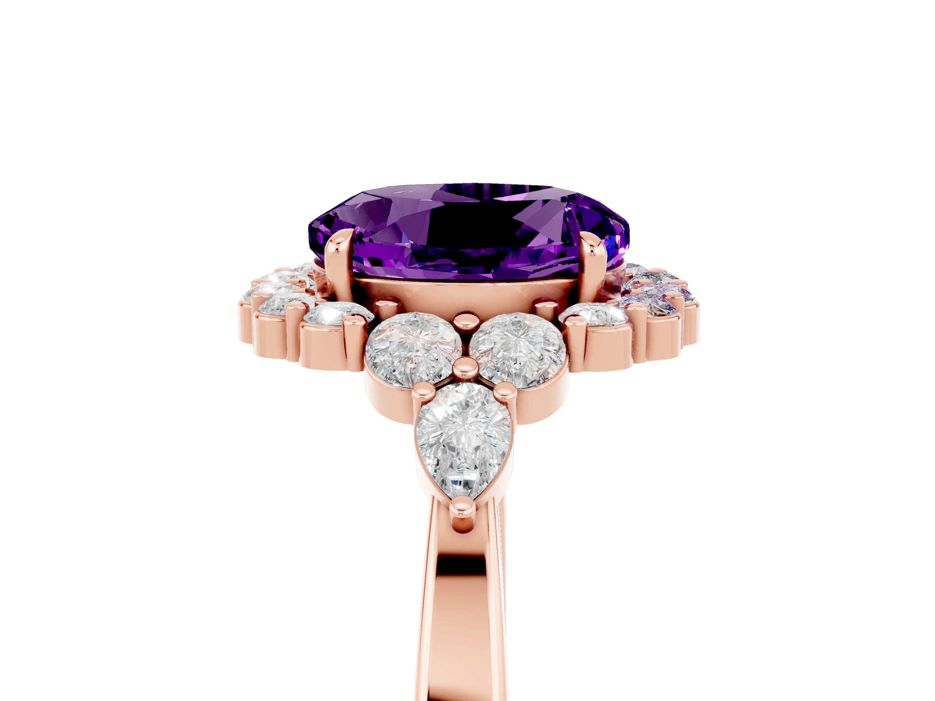Rose gold Round Cut Amethyst Halo Ring with Pear Side Stones and Prong Setting_17