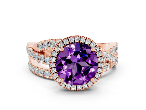 Rose gold Round Cut Amethyst Halo Ring with Round Split Shank and Prong Setting