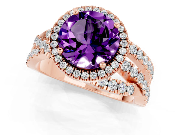Rose gold Round Cut Amethyst Halo Ring with Round Split Shank and Prong Setting