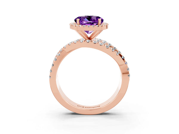 Rose gold Round Cut Amethyst Halo Ring with Round Split Shank and Prong Setting
