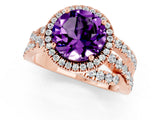Rose gold Round Cut Amethyst Halo Ring with Round Split Shank and Prong Setting_49