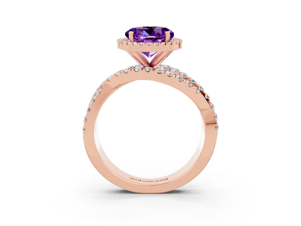 Rose Gold Round Amethyst Halo Engagement Ring with Twisted Pave Split Shank