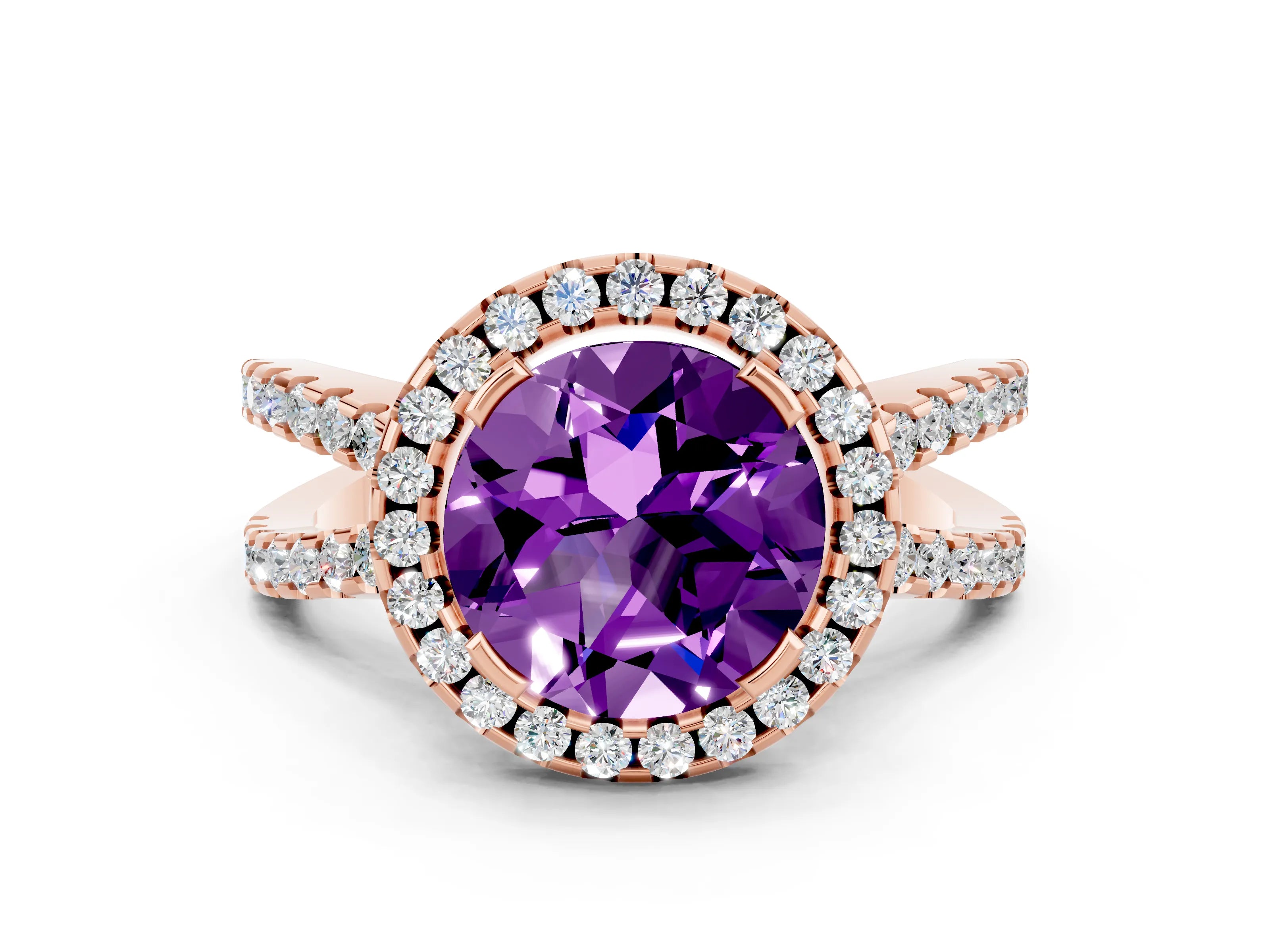 Rose gold Round Cut Amethyst Halo Ring with Split Shank Pavé Band and Prong Setting