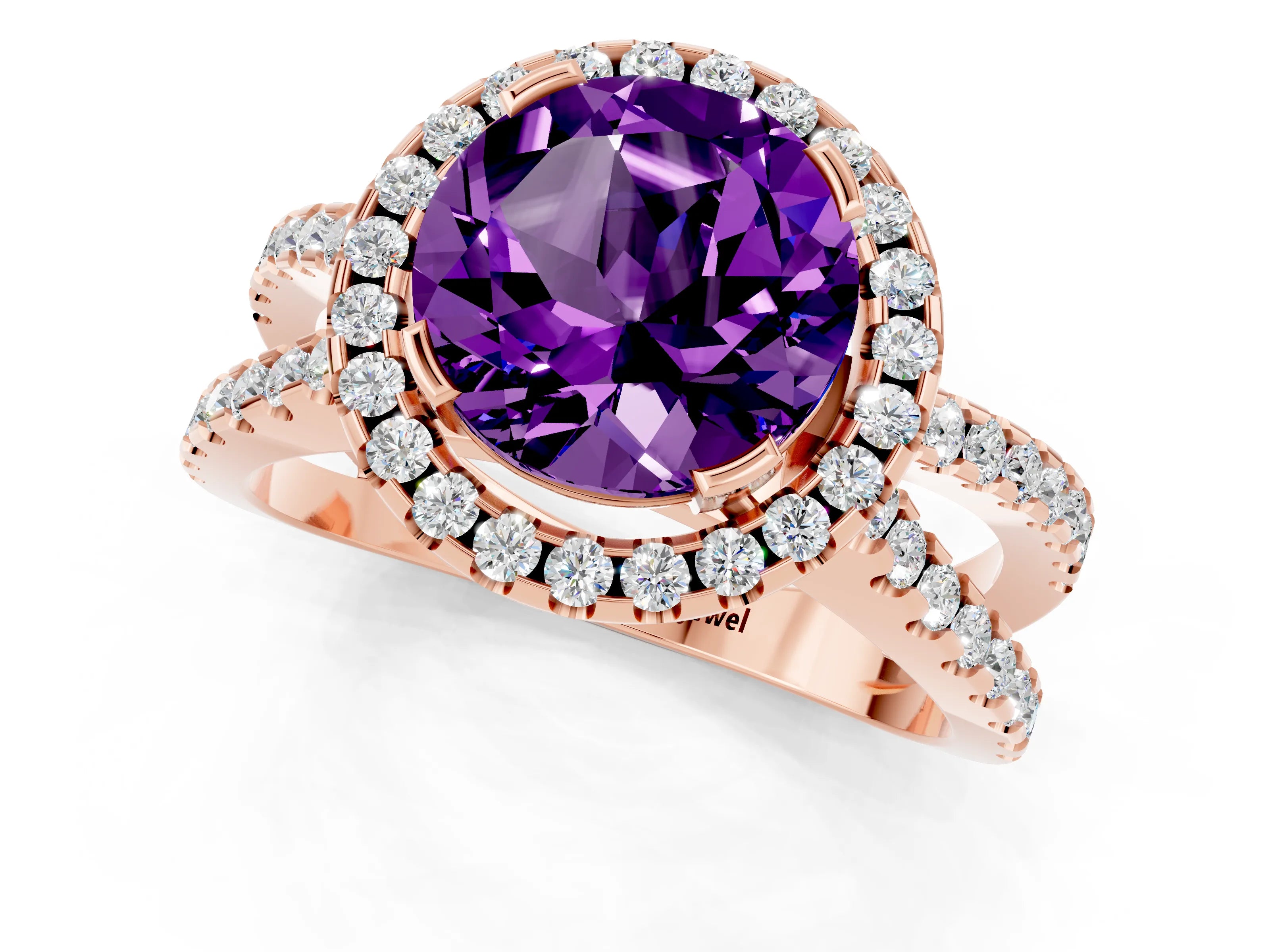 Rose gold Round Cut Amethyst Halo Ring with Split Shank Pavé Band and Prong Setting_1