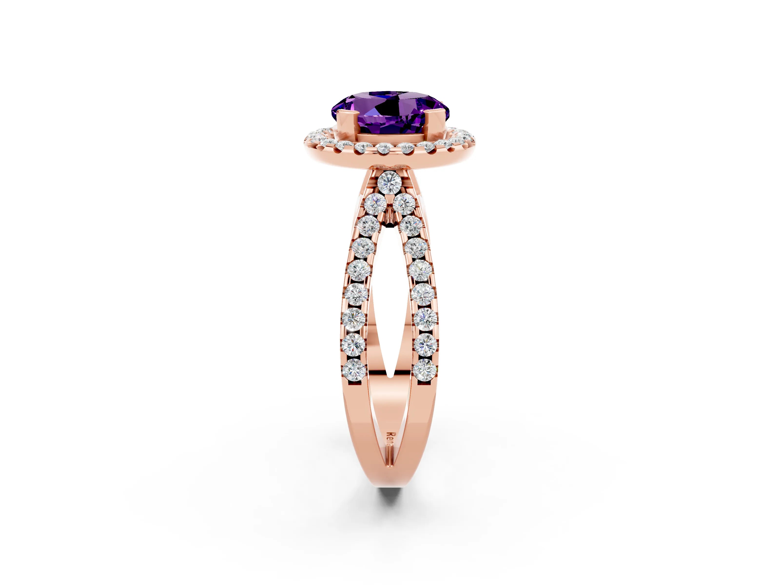 Rose gold Round Cut Amethyst Halo Ring with Split Shank Pavé Band and Prong Setting_2