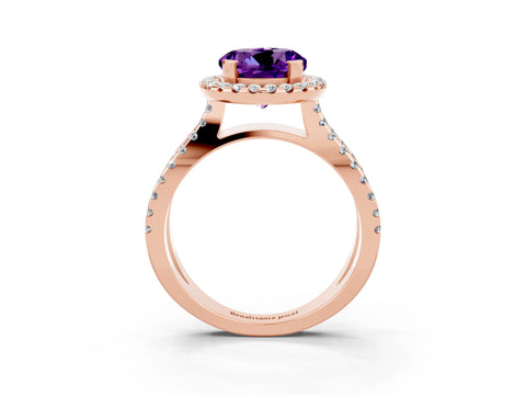 Rose gold Round Cut Amethyst Halo Ring with Split Shank Pavé Band and Prong Setting_3