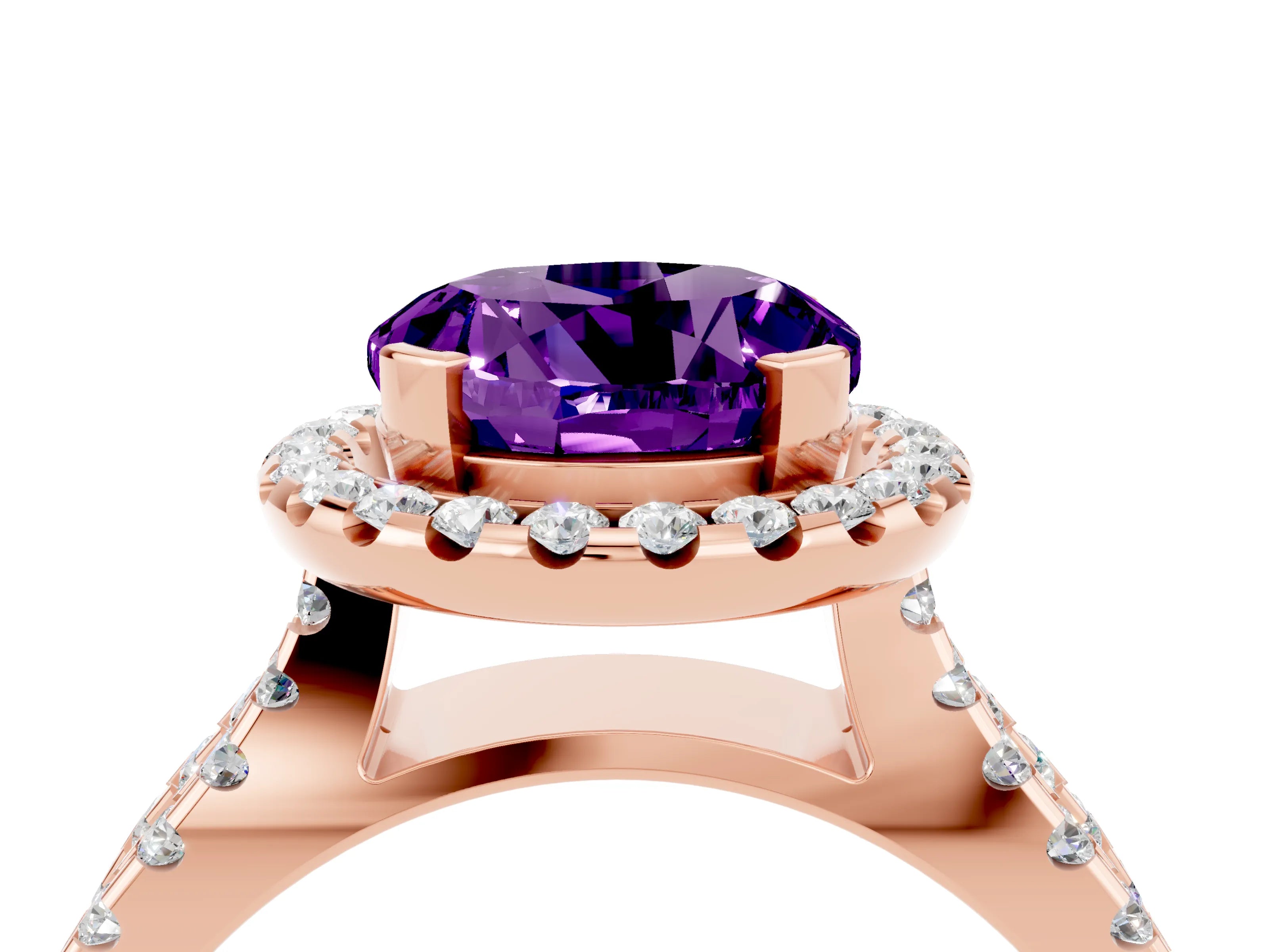 Rose gold Round Cut Amethyst Halo Ring with Split Shank Pavé Band and Prong Setting_4